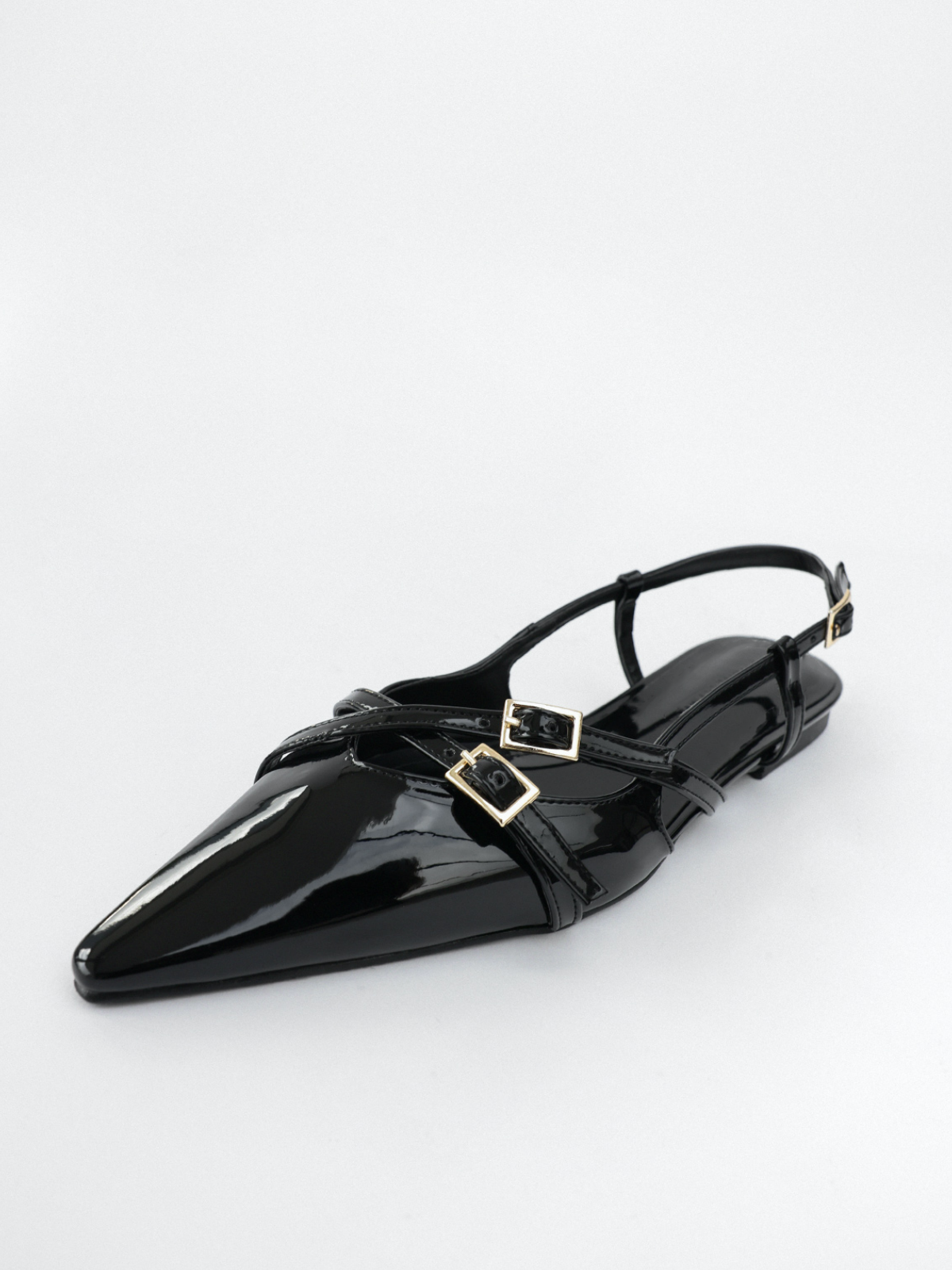 Black Patent Buckle Detailed Pointy-Toe Ballet Flats Slingbacks
