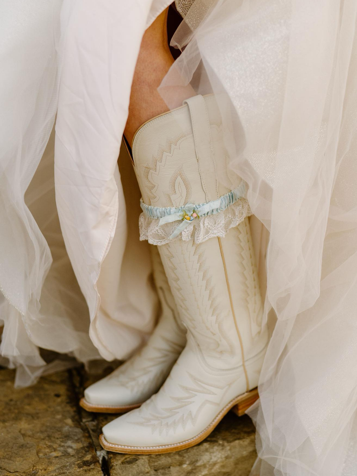 Snip-Toe Embroidery Wide Calf Knee High Tall Cowgirl Boots - Cream