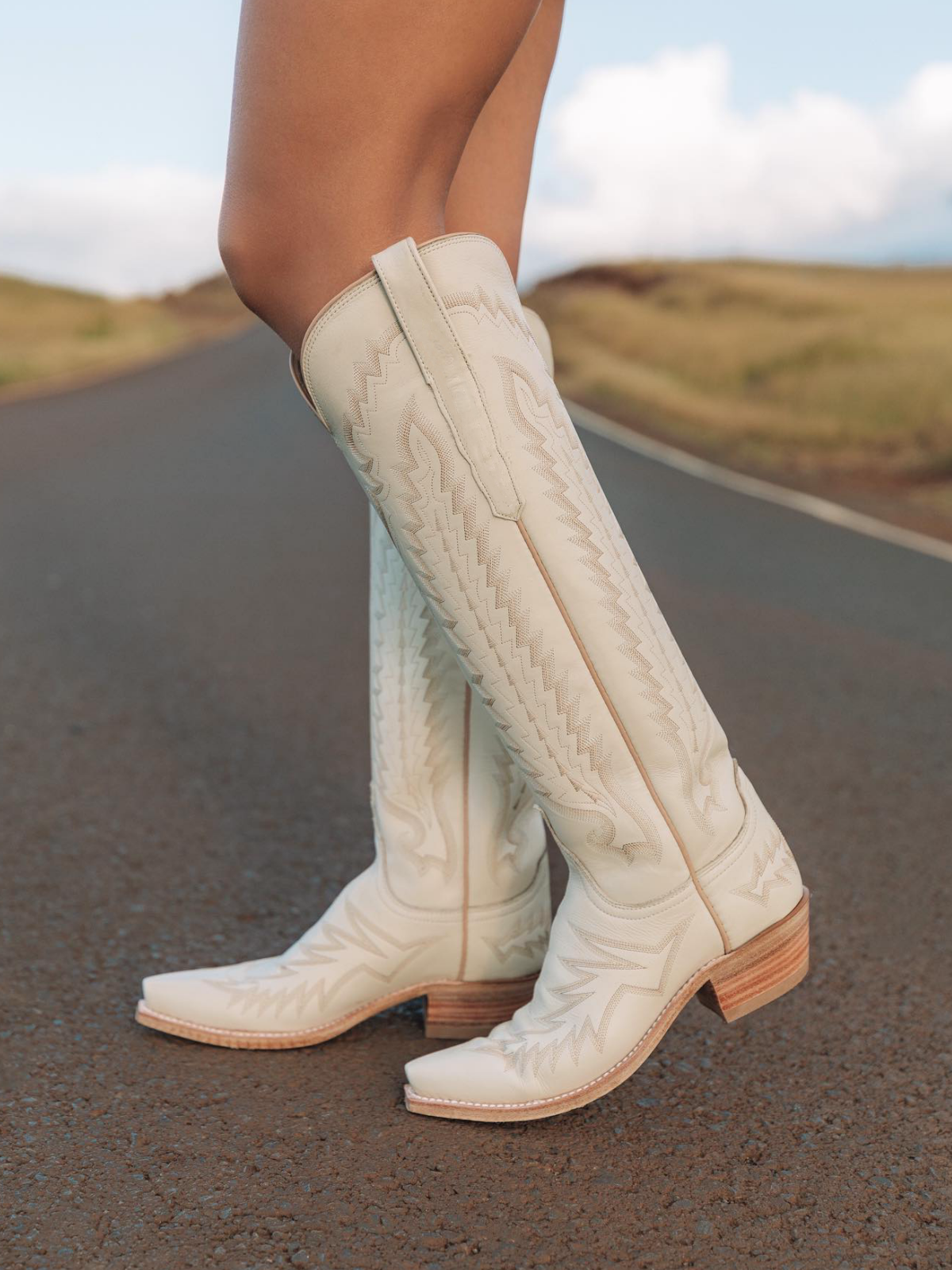 Snip-Toe Embroidery Wide Calf Knee High Tall Cowgirl Boots - Cream