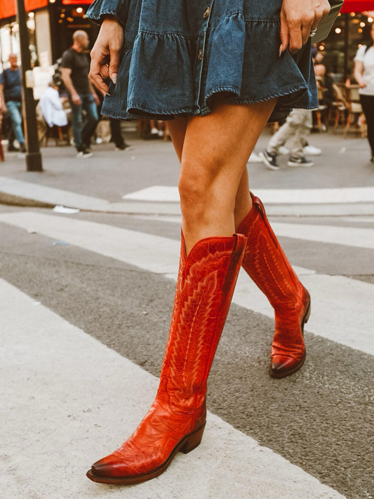 Crinkle Snip-Toe Embroidery Wide Calf Knee High Tall Cowgirl Boots - Red