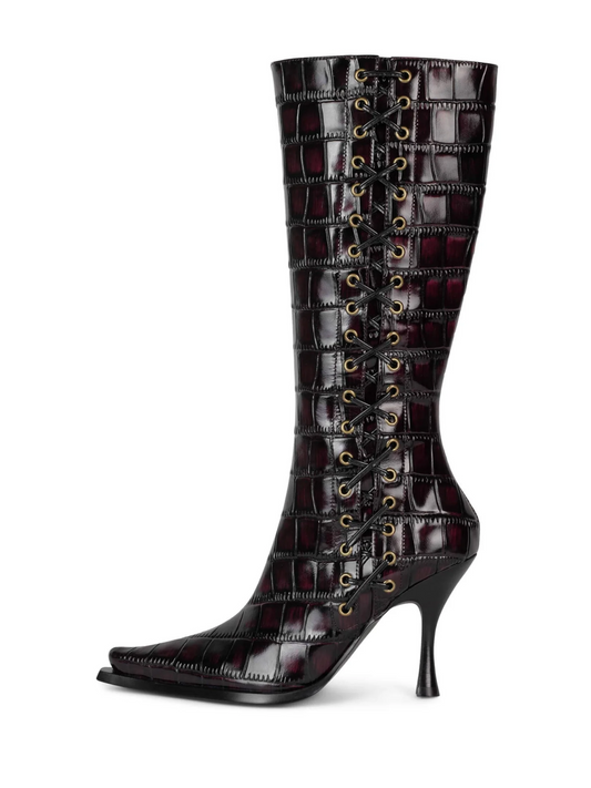 Black Croc-Embossed Vegan Leather Pointed-Toe Lace-Up Full-Zip Mid Calf Stiletto Boots