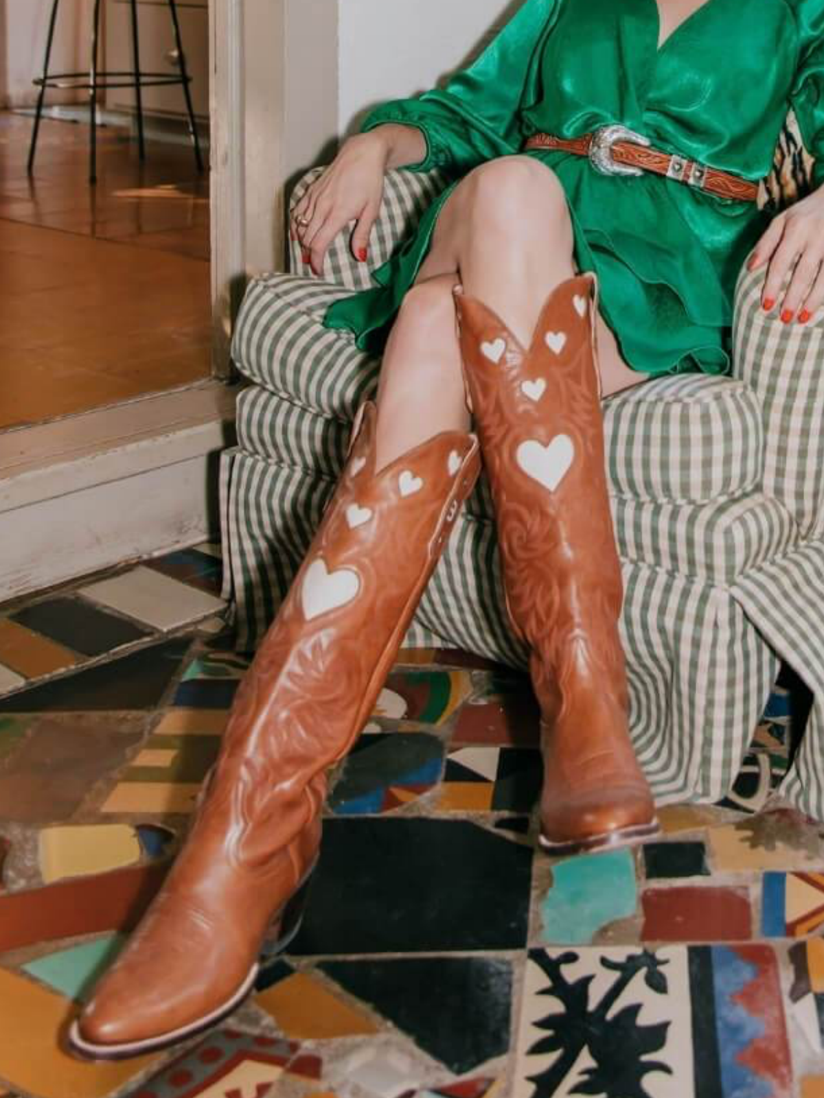 Ivory Heart Inlay Embroidery Almond-Toe Tall Wide Mid Calf Cowgirl Boots - Burnt Orange