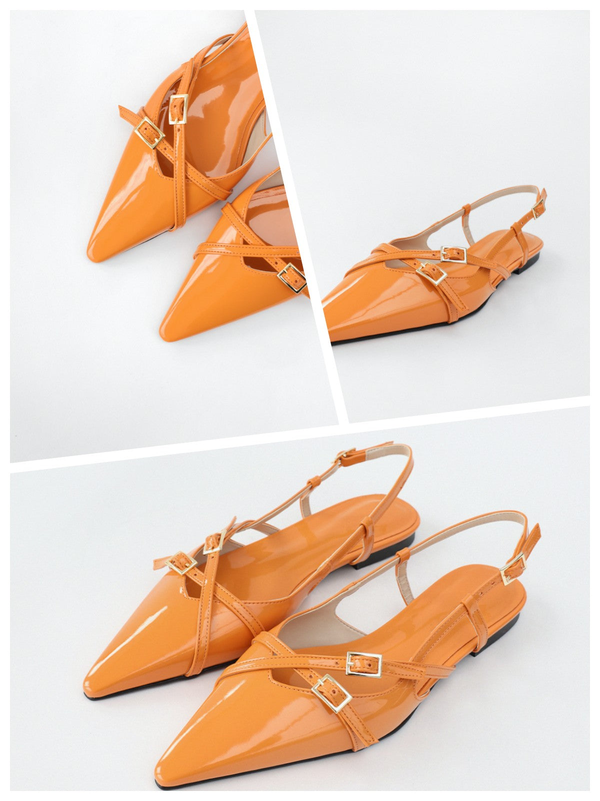 Orange Patent Buckle Detailed Pointy-Toe Ballet Flats Slingbacks