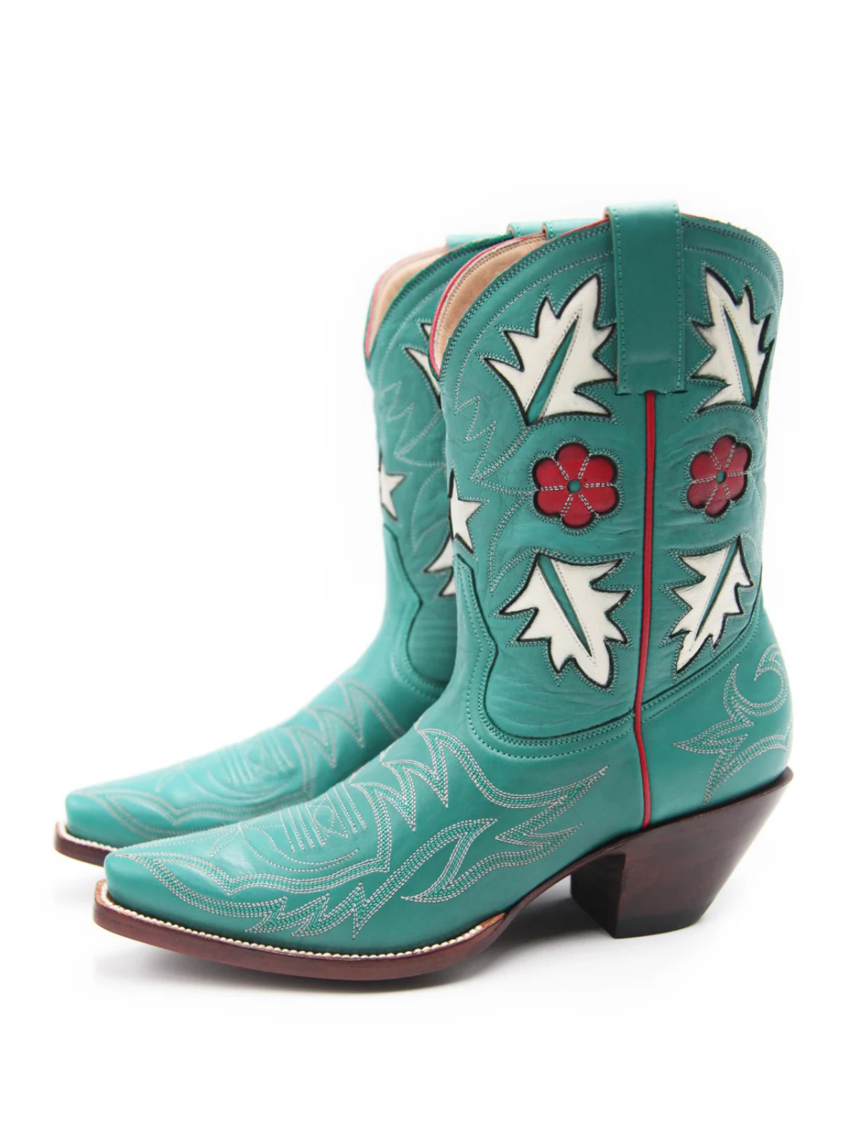 Turquoise Embroidery Floral Inlay Snip-Toe Wide Mid Calf Cowgirl Boots