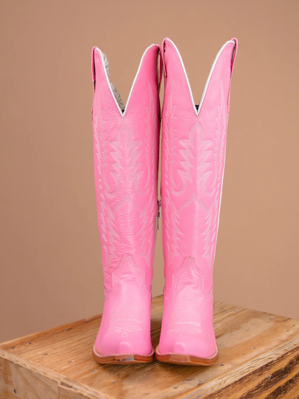 Pink Embroidery Snip-Toe Half-Zip Cowgirl Knee High Tall Boots