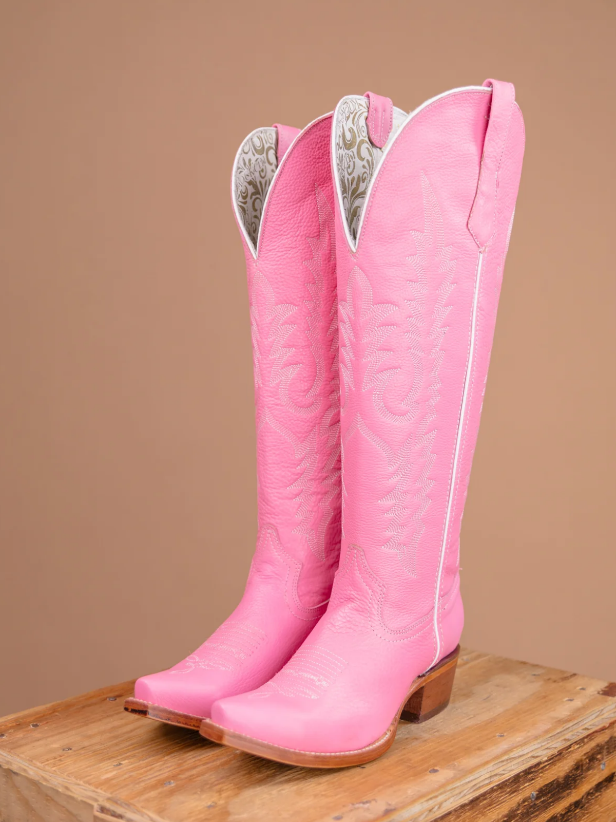 Pink Embroidery Snip-Toe Half-Zip Cowgirl Knee High Tall Boots