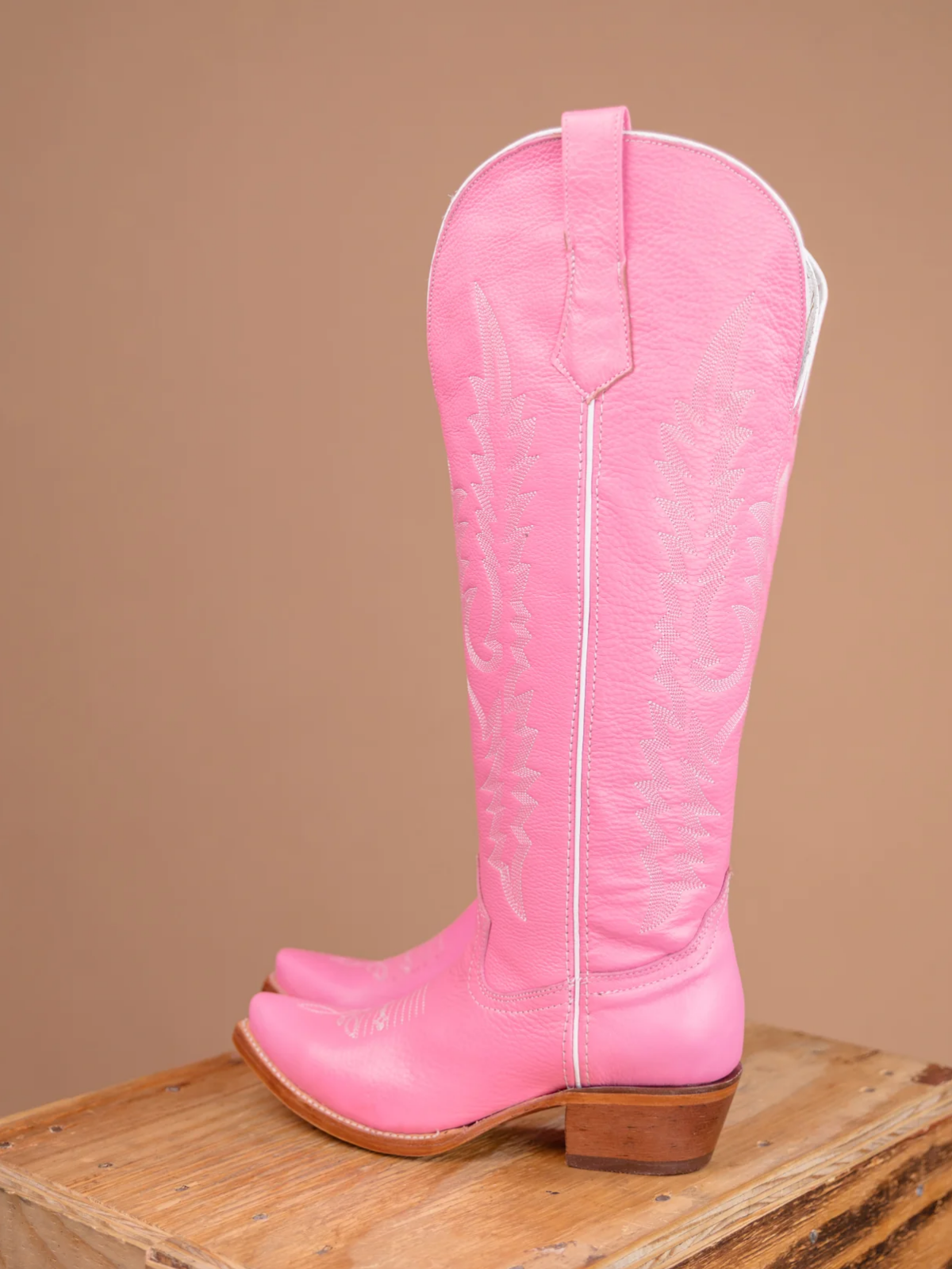 Pink Embroidery Snip-Toe Half-Zip Cowgirl Knee High Tall Boots