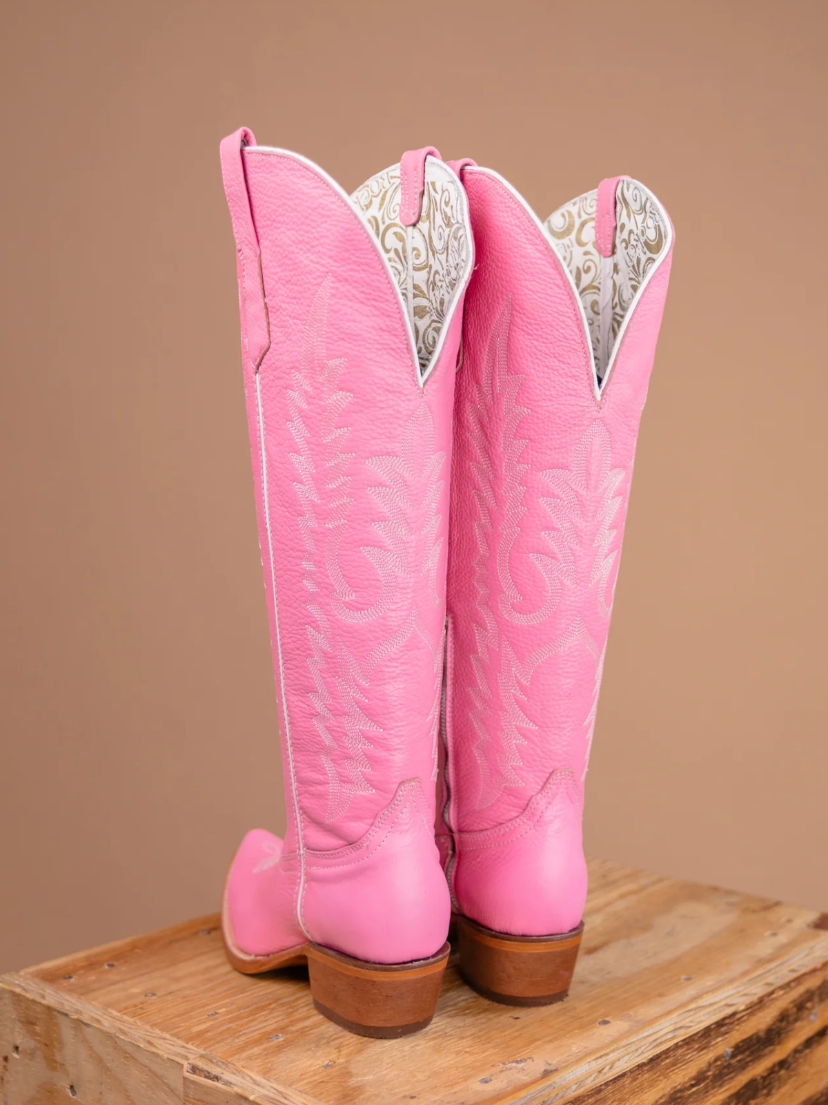 Pink Embroidery Snip-Toe Half-Zip Cowgirl Knee High Tall Boots