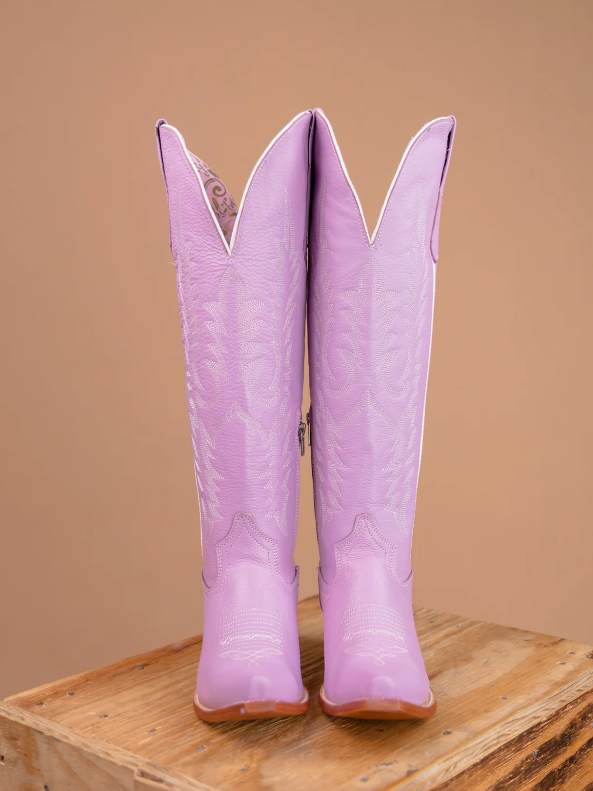 Lilac Purple Embroidery Snip-Toe Half-Zip Cowgirl Knee High Tall Boots