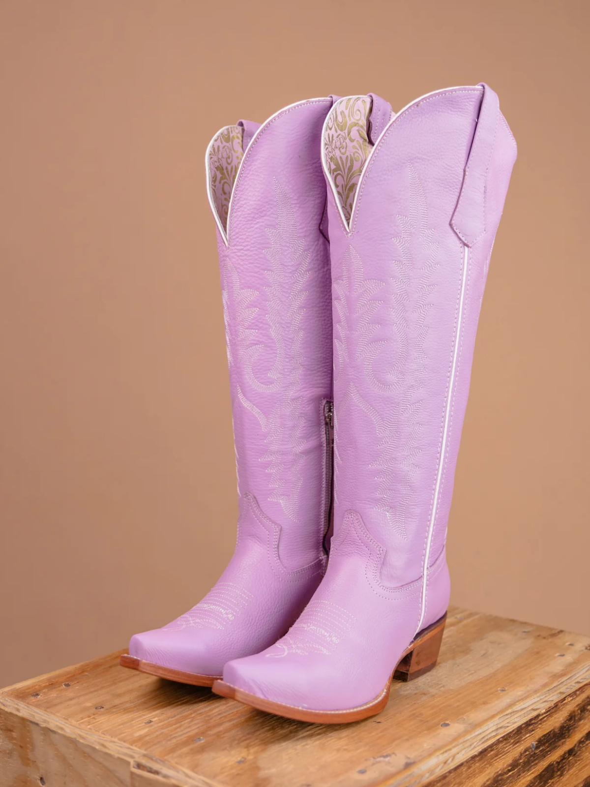 Lilac Purple Embroidery Snip-Toe Half-Zip Cowgirl Knee High Tall Boots