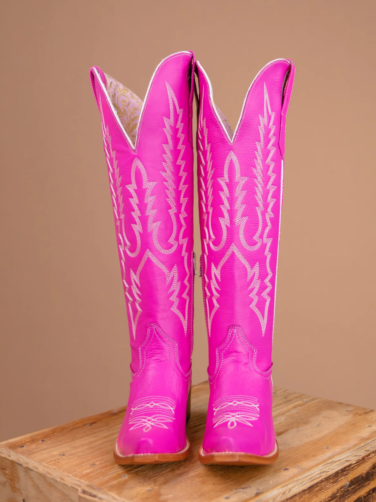 Fuchsia Embroidery Snip-Toe Half-Zip Cowgirl Knee High Tall Boots