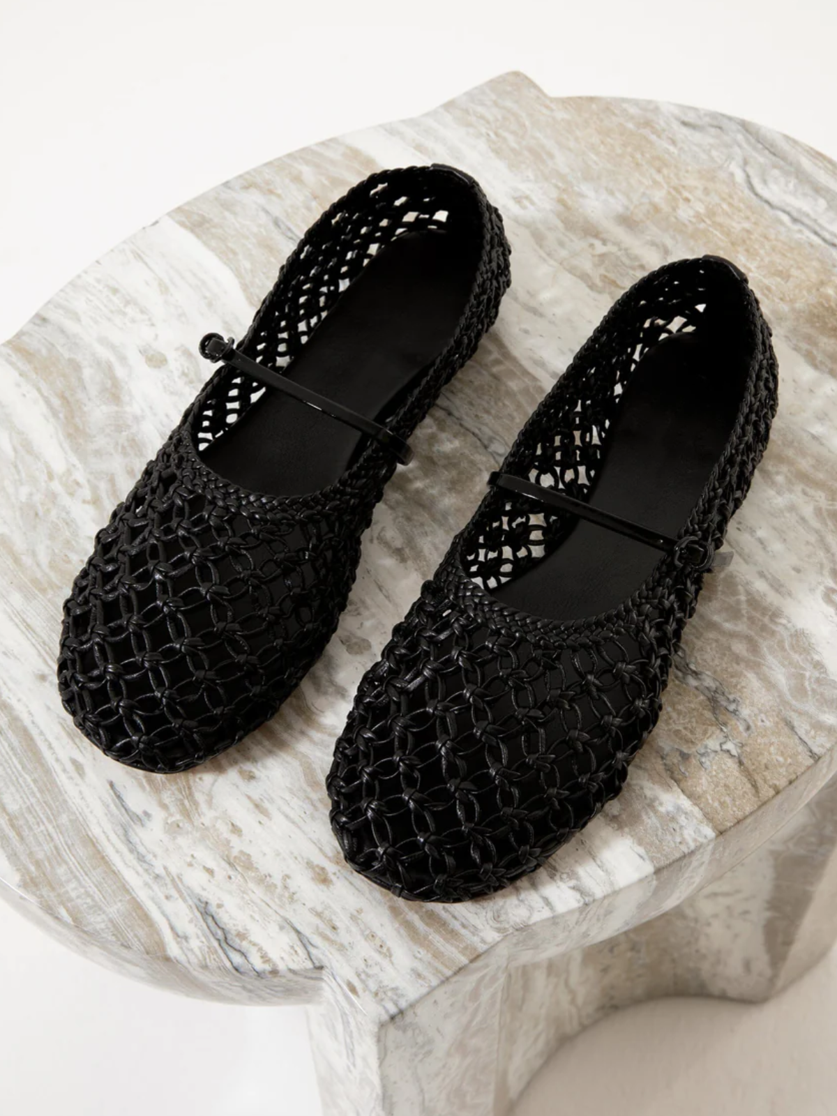 Black Woven Hollow-Out Round-Toe Ballet Flats Mary Janes With Thin Buckle Strap