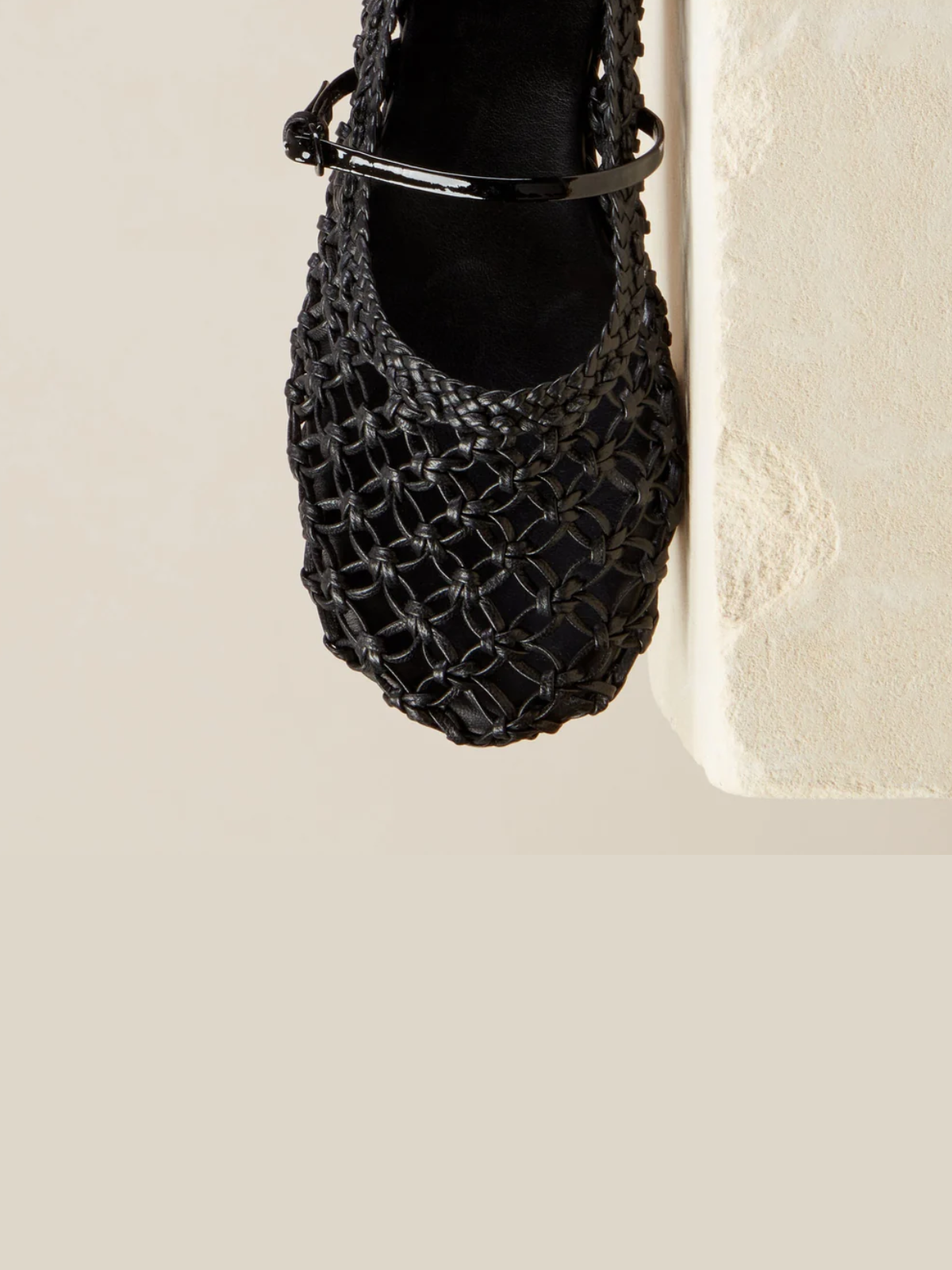 Black Woven Hollow-Out Round-Toe Ballet Flats Mary Janes With Thin Buckle Strap