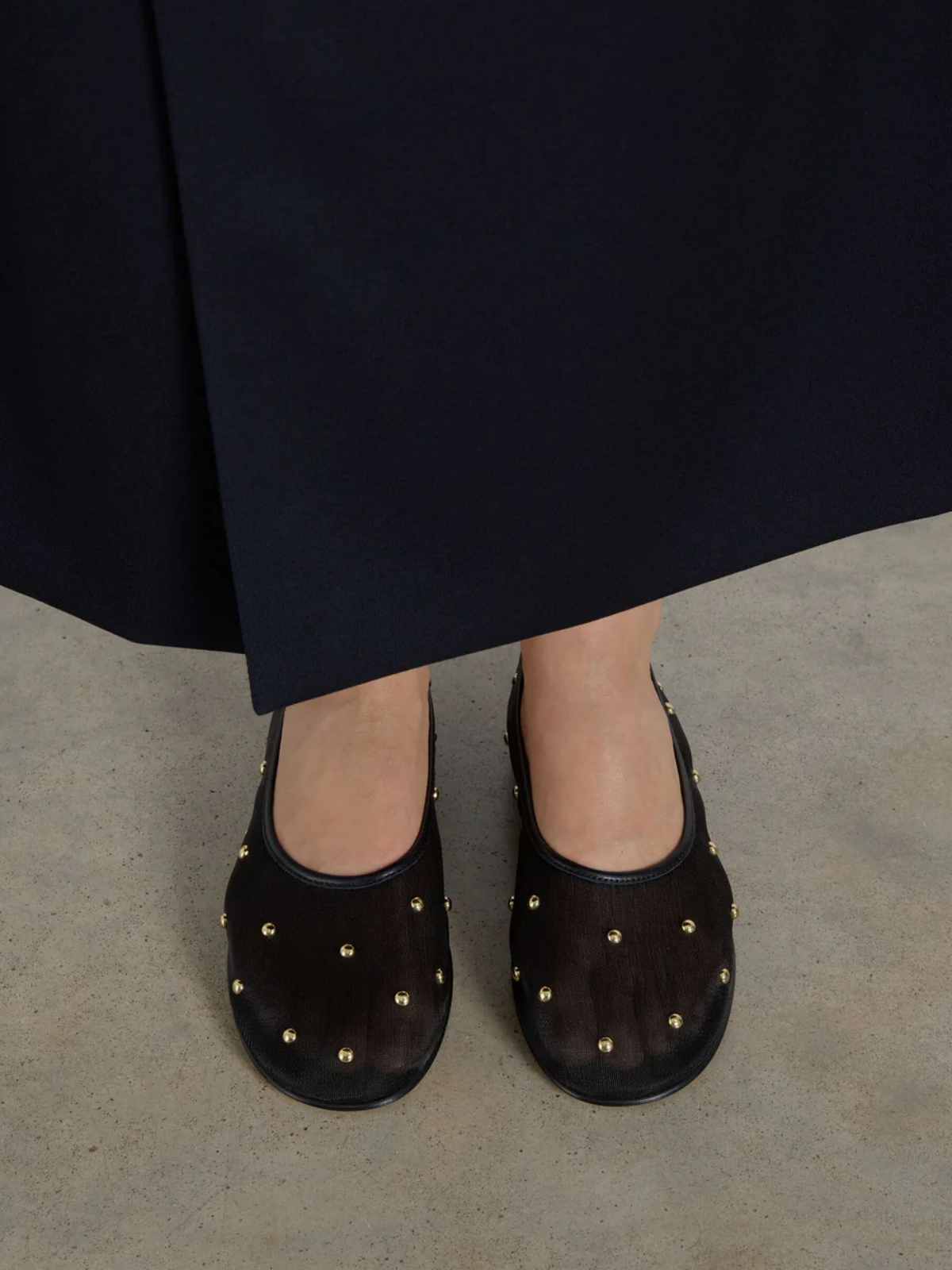 Black Mesh Round-Toe Ballet Flats With Gold Studs